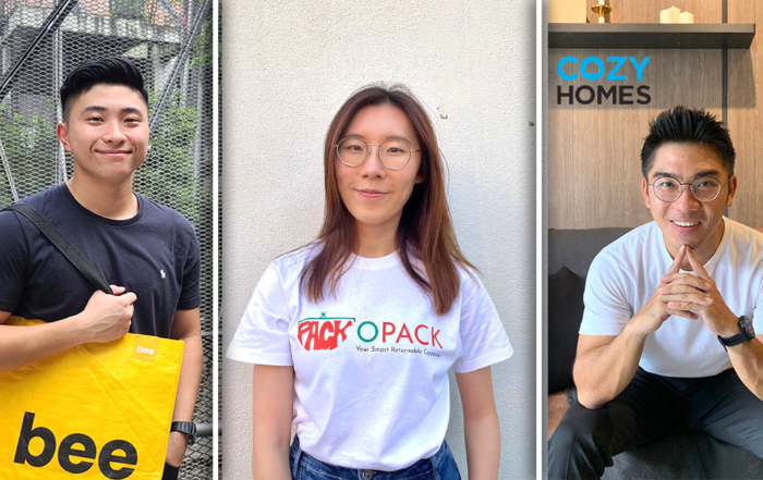 A collage of three portraits comprising start-up co-founders as well as founders Joshua of Beebag, Mei Xin of OPACK, and Vincent of CozyHomes