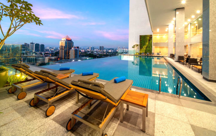 A panoramic view of Sunway City Kuala Lumpur from the poolside view at Sunway Sanctuary