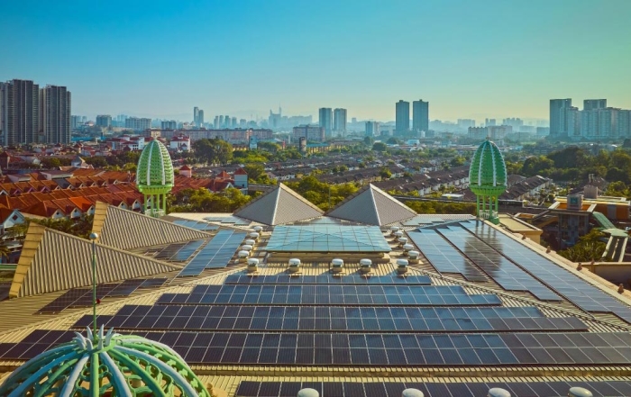 A drone shot view of solar panels at Sunway Resort Hotel, which also overlooks the rest of Sunway City Kuala Lumpur