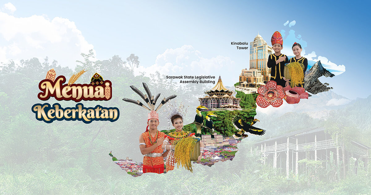 Illustration of Borneo map featuring cultural elements and landmarks. The image includes the Kinabalu Tower, Sarawak State Legislative Assembly Building, two people in traditional attire, hornbills, and the Rafflesia flower.