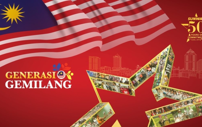 Malaysia national day poster featuring jalur gemilang flag, star and Sunway 50th Anniversary logo.