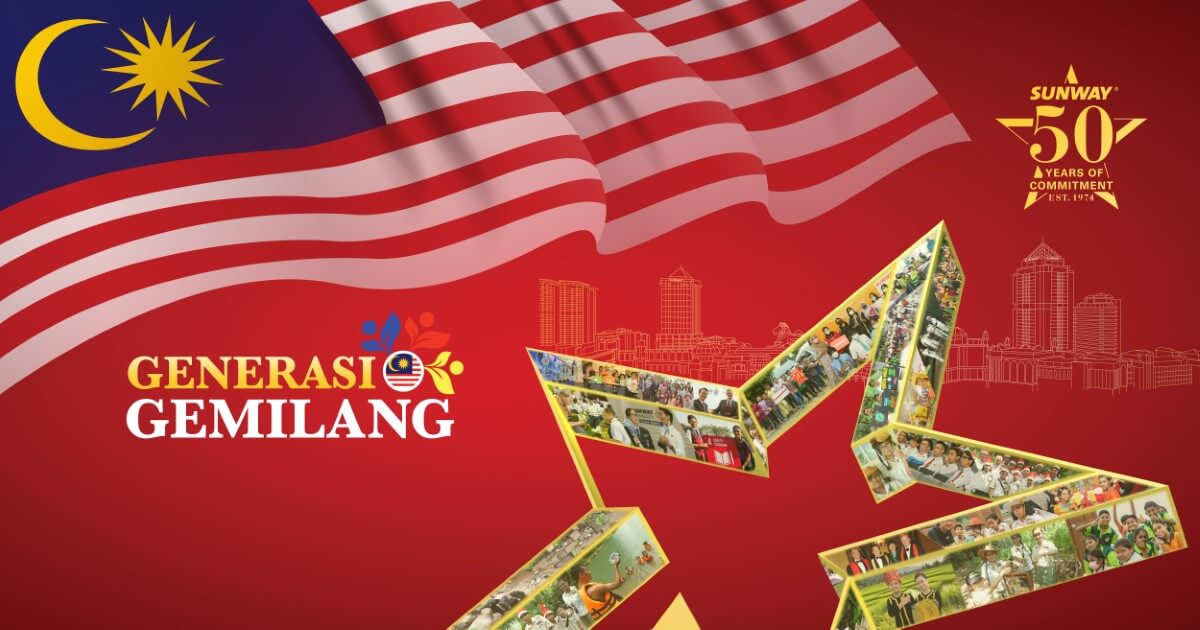 Malaysia national day poster featuring jalur gemilang flag, star and Sunway 50th Anniversary logo.