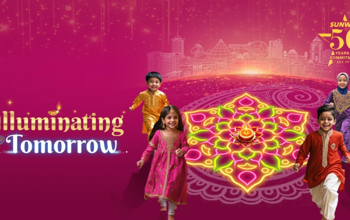 Sunway Deepavali 2024’s Illuminating Tomorrow key visual, featuring young children amidst a pink background and Sunway City Kuala Lumpur skyline.