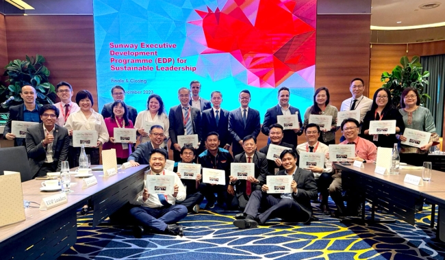 A group photo of Sunway's leaders alongside Sunway Group founder and chairman Tan Sri Sir Dr. Jeffrey Cheah.