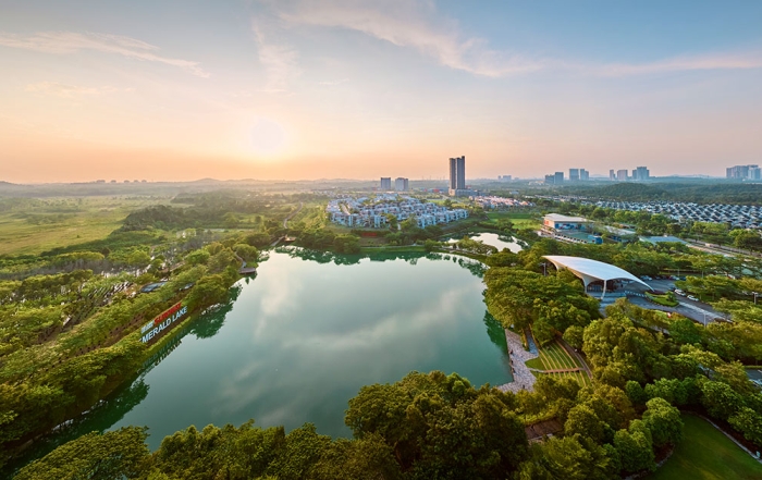 A drone shot of the Emerald Lake at Sunway City Iskandar Puteri (SCIP)