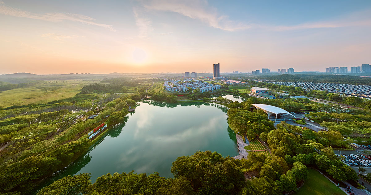 A drone shot of the Emerald Lake at Sunway City Iskandar Puteri (SCIP)