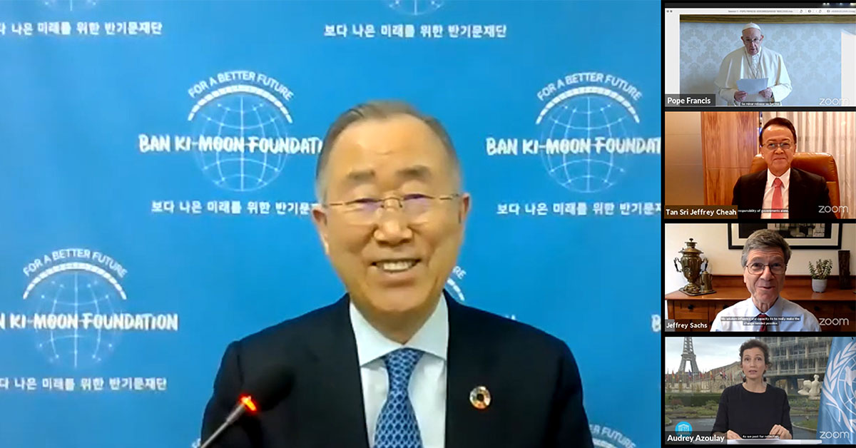 A screenshot of a Zoom call between Sunway Group founder and chairman Tan Sri Sir Dr. Jeffrey Cheah, His Holiness Pope Francis, the eighth United Nations secretary-general Ban Ki-moon, Professor Jeffrey Sachs, UNESCO director-general Audrey Azoulay and world leaders in launching the Mission 4.7 on the first day of the seventh annual Vatican Youth Symposium.